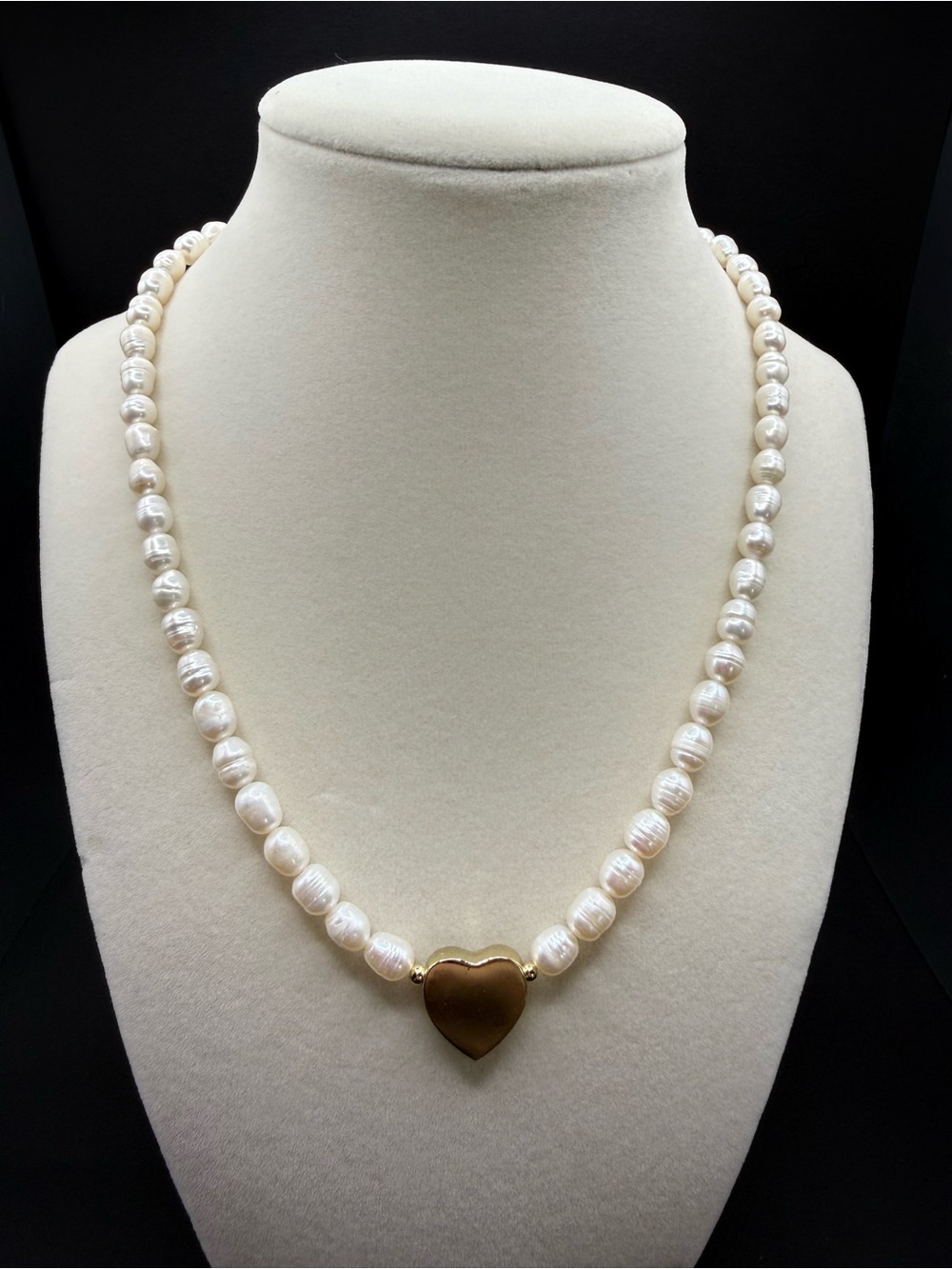 Freshwater Pearl Necklace with Gold Heart Pendant - White Pearls